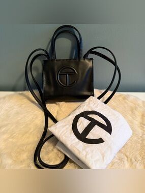 Telfar Black Vegan Leather Small Shopping Bag with Dust Bag